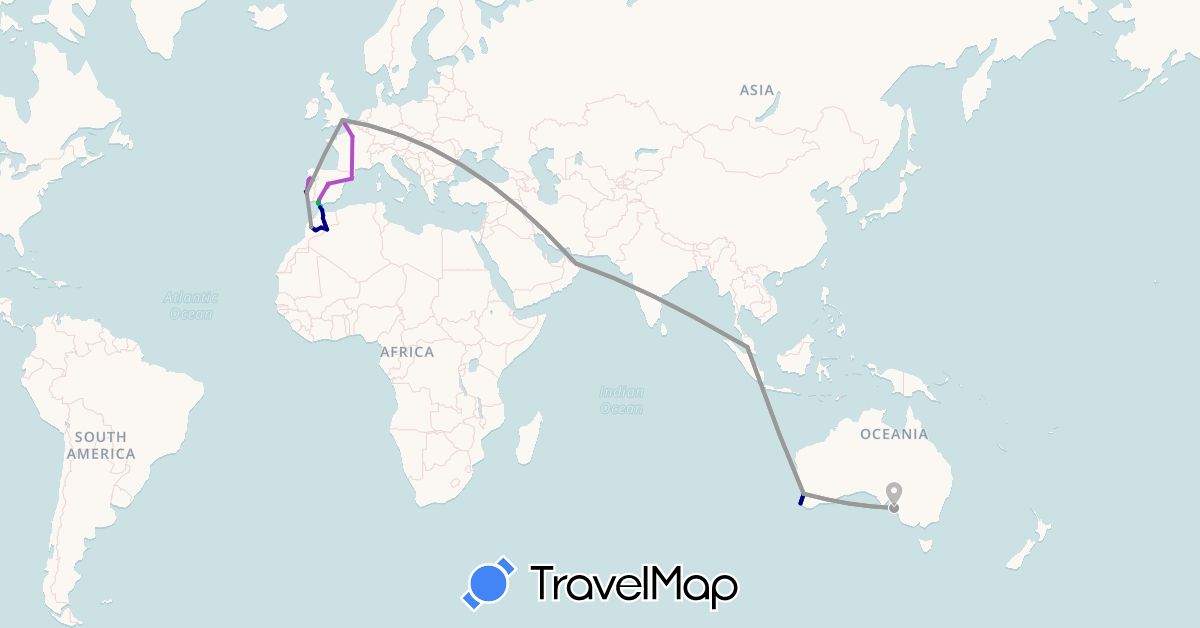TravelMap itinerary: driving, bus, plane, train, boat in Australia, Spain, France, United Kingdom, Morocco, Malaysia, Oman, Portugal (Africa, Asia, Europe, Oceania)
